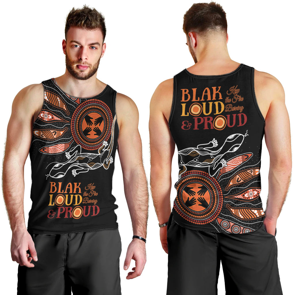 Australia NAIDOC 2024 Men Tank Top Blak Loud and Proud Aboriginal Lizard Art