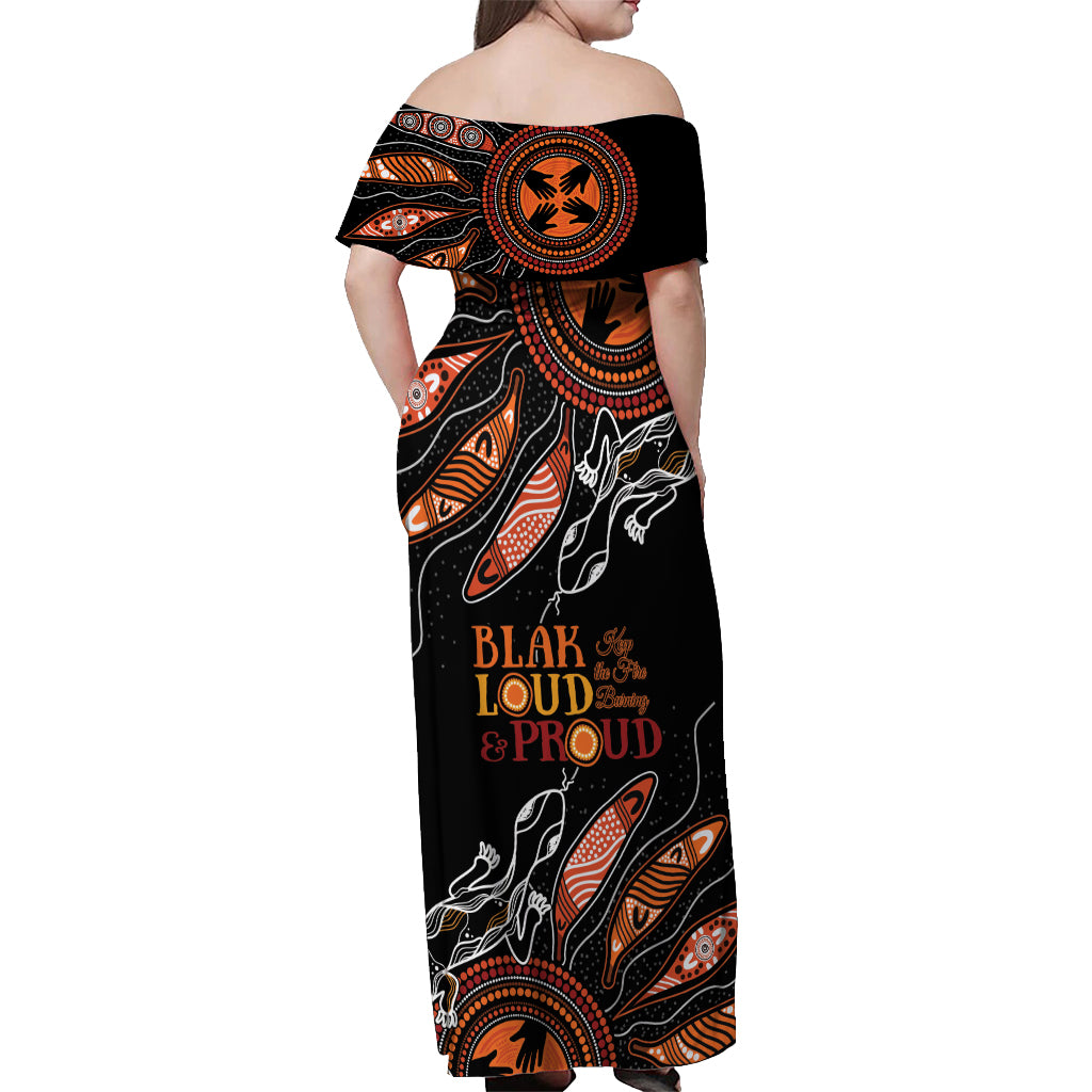 Australia NAIDOC 2024 Off Shoulder Maxi Dress Blak Loud and Proud Aboriginal Lizard Art
