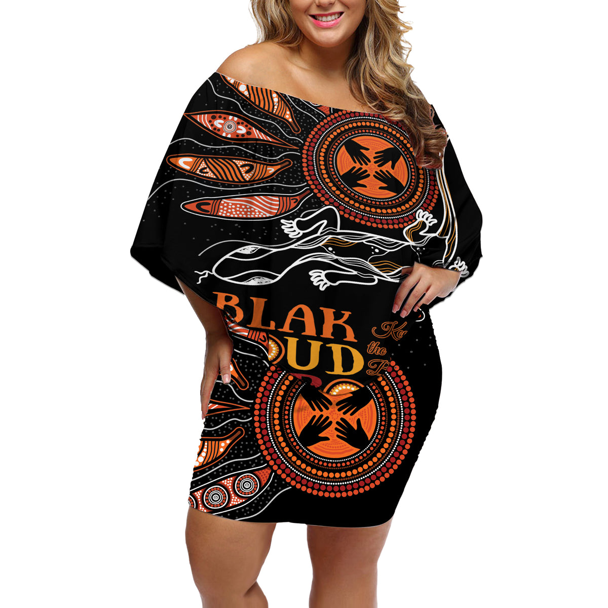 Australia NAIDOC 2024 Off Shoulder Short Dress Blak Loud and Proud Aboriginal Lizard Art