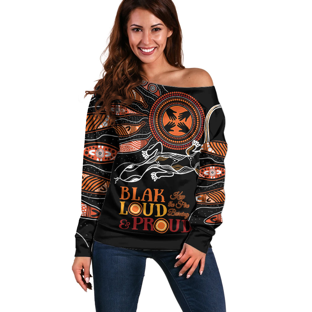 Australia NAIDOC 2024 Off Shoulder Sweater Blak Loud and Proud Aboriginal Lizard Art