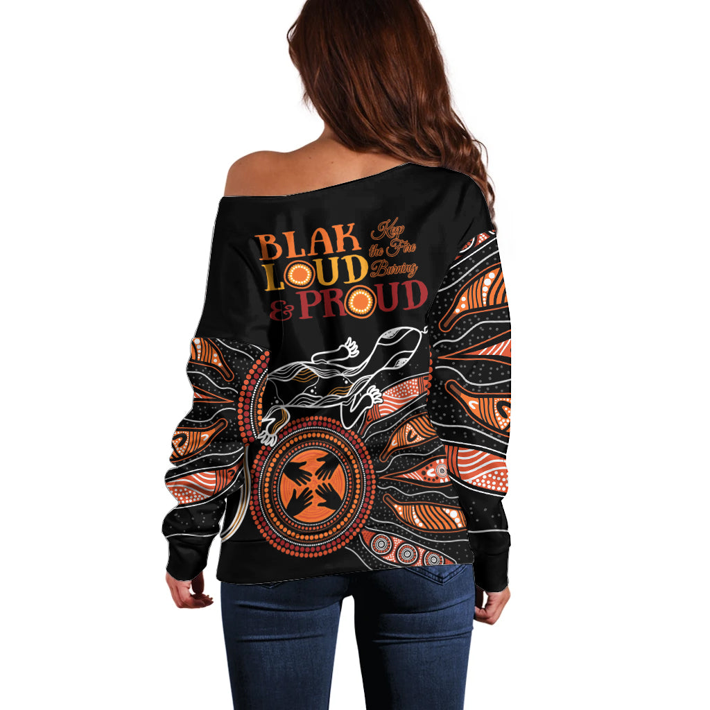 Australia NAIDOC 2024 Off Shoulder Sweater Blak Loud and Proud Aboriginal Lizard Art