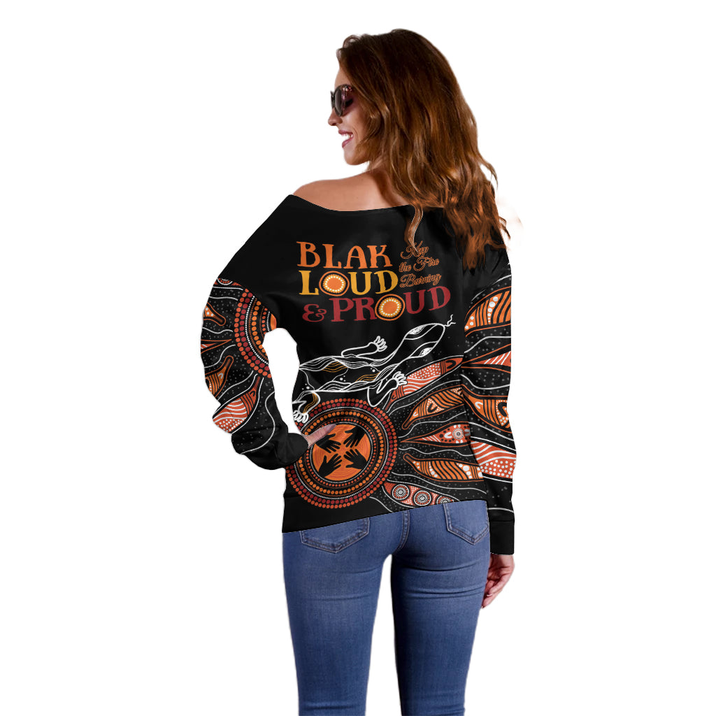 Australia NAIDOC 2024 Off Shoulder Sweater Blak Loud and Proud Aboriginal Lizard Art