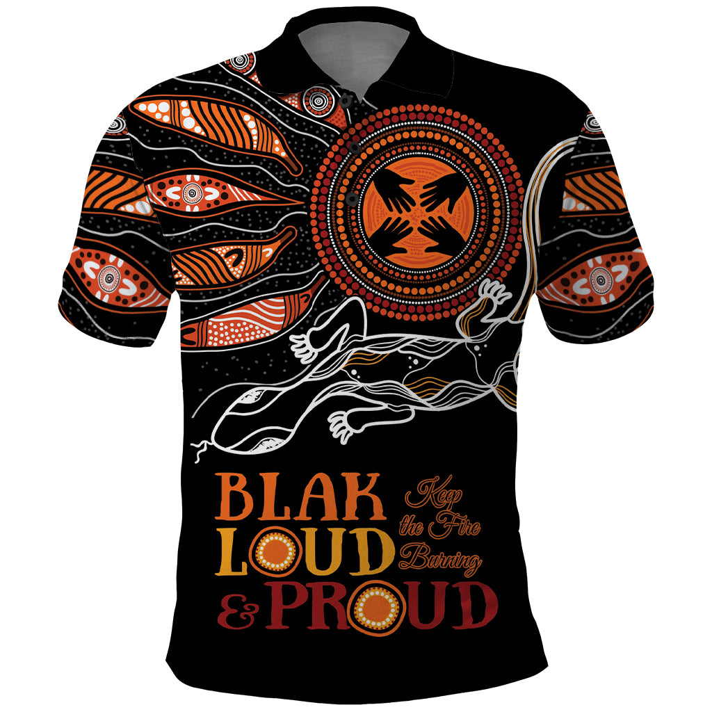Australia NAIDOC 2024 Polo Shirt Blak Loud and Proud Aboriginal Lizard Art