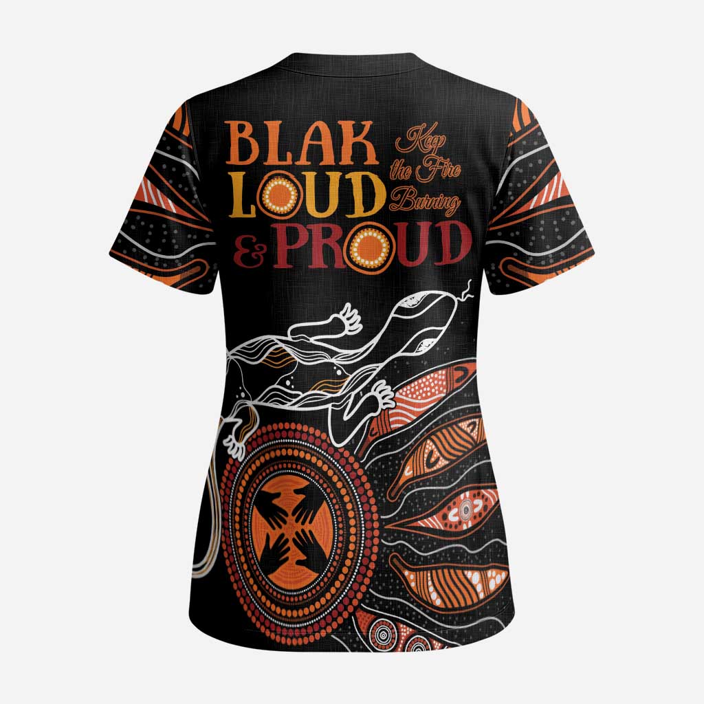 Australia NAIDOC 2024 Scrub Top Blak Loud and Proud Aboriginal Lizard Art - Aussie Hoodie
