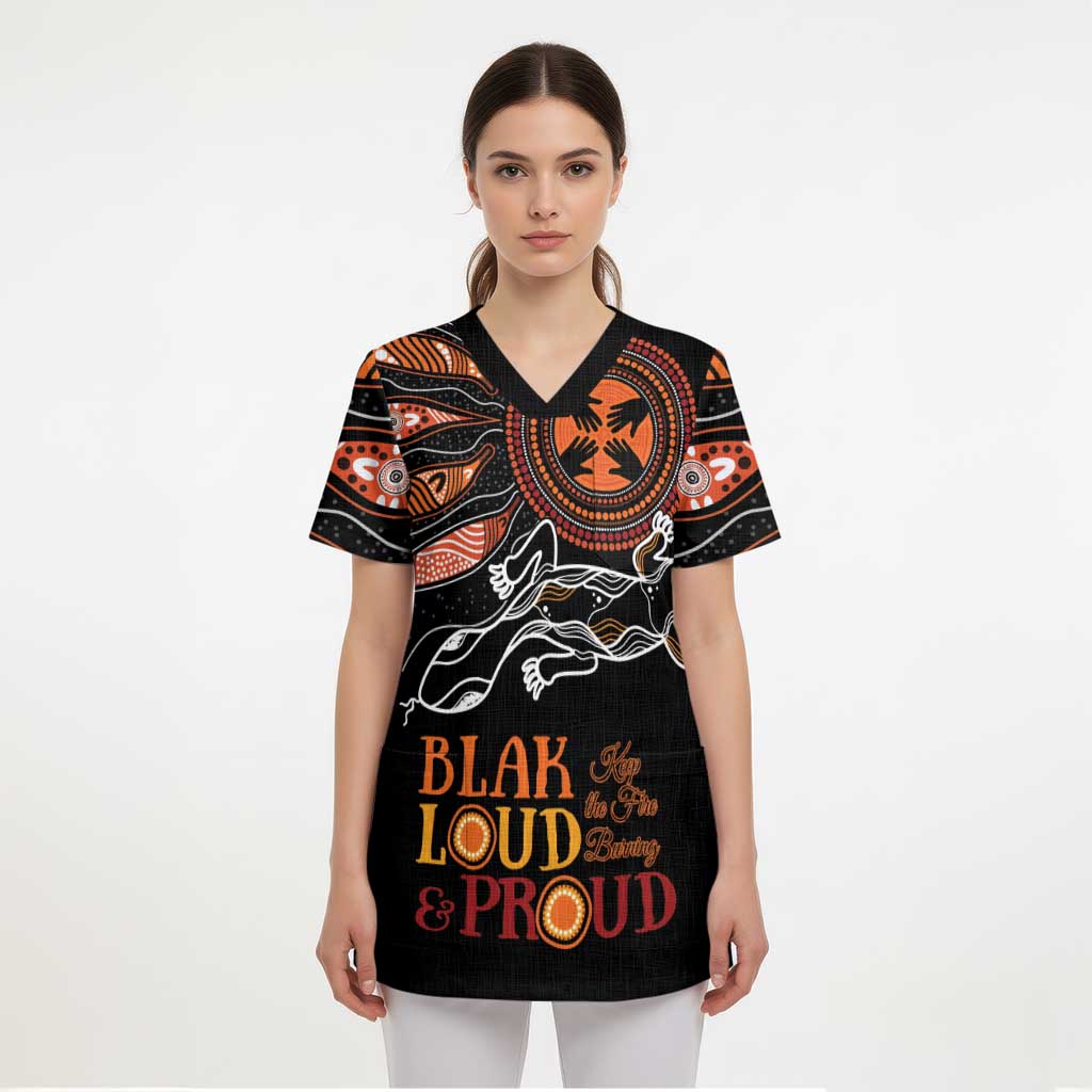 Australia NAIDOC 2024 Scrub Top Blak Loud and Proud Aboriginal Lizard Art - Aussie Hoodie