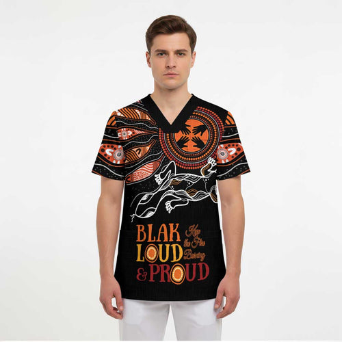 Australia NAIDOC 2024 Scrub Top Blak Loud and Proud Aboriginal Lizard Art - Aussie Hoodie