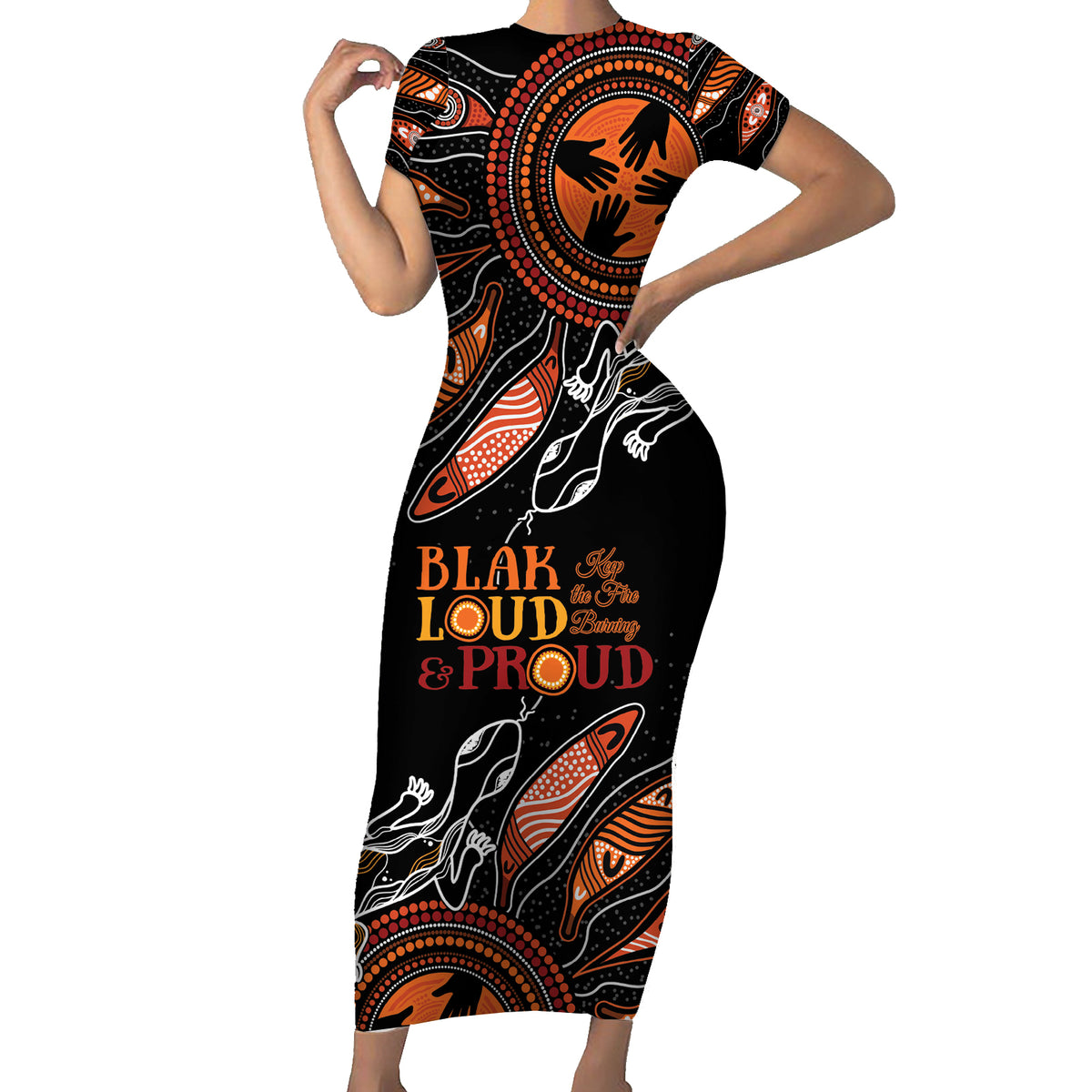 Australia NAIDOC 2024 Short Sleeve Bodycon Dress Blak Loud and Proud Aboriginal Lizard Art