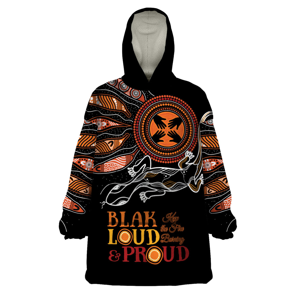 Australia NAIDOC 2024 Wearable Blanket Hoodie Blak Loud and Proud Aboriginal Lizard Art
