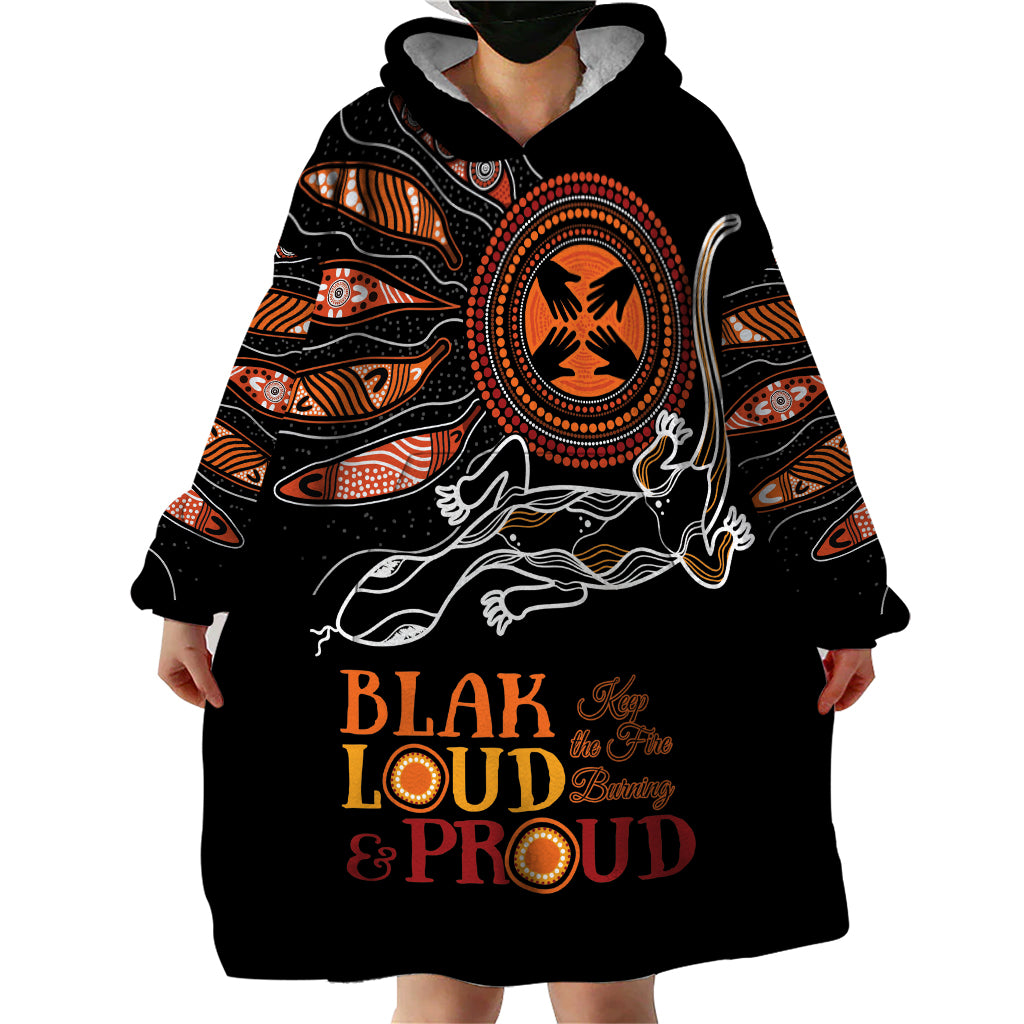 Australia NAIDOC 2024 Wearable Blanket Hoodie Blak Loud and Proud Aboriginal Lizard Art