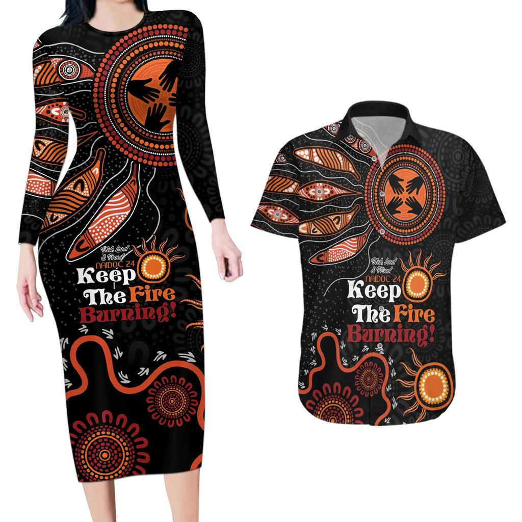 Australia NAIDOC 2024 Couples Matching Long Sleeve Bodycon Dress and Hawaiian Shirt Keep the Fire Burning Aboriginal Art