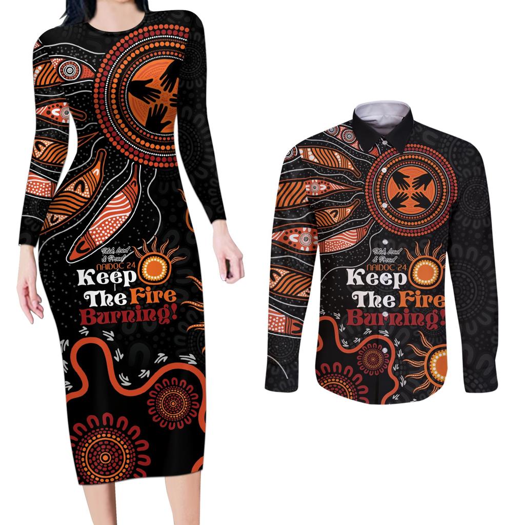 Australia NAIDOC 2024 Couples Matching Long Sleeve Bodycon Dress and Long Sleeve Button Shirt Keep the Fire Burning Aboriginal Art