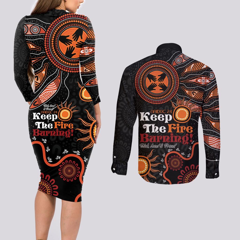 Australia NAIDOC 2024 Couples Matching Long Sleeve Bodycon Dress and Long Sleeve Button Shirt Keep the Fire Burning Aboriginal Art
