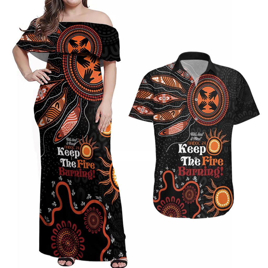 Australia NAIDOC 2024 Couples Matching Off Shoulder Maxi Dress and Hawaiian Shirt Keep the Fire Burning Aboriginal Art