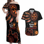 Australia NAIDOC 2024 Couples Matching Off Shoulder Maxi Dress and Hawaiian Shirt Keep the Fire Burning Aboriginal Art