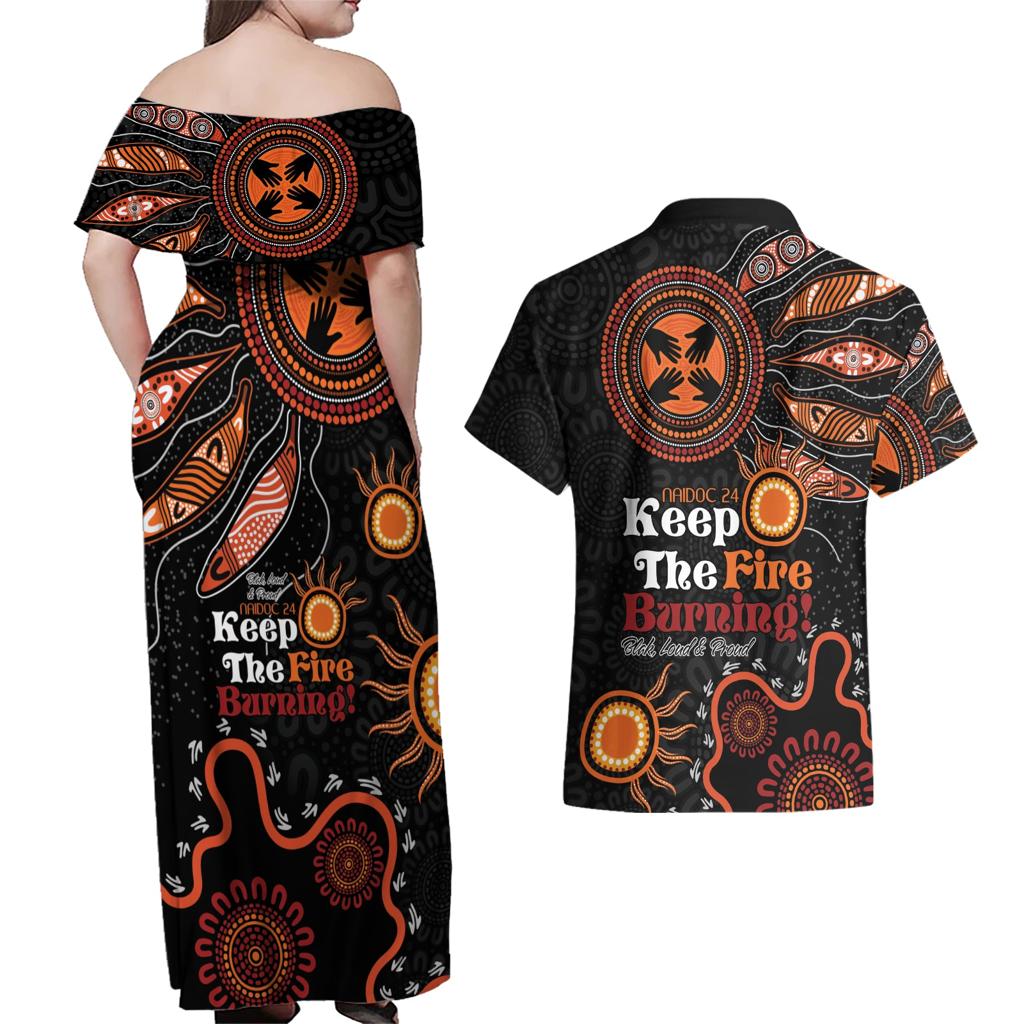 Australia NAIDOC 2024 Couples Matching Off Shoulder Maxi Dress and Hawaiian Shirt Keep the Fire Burning Aboriginal Art