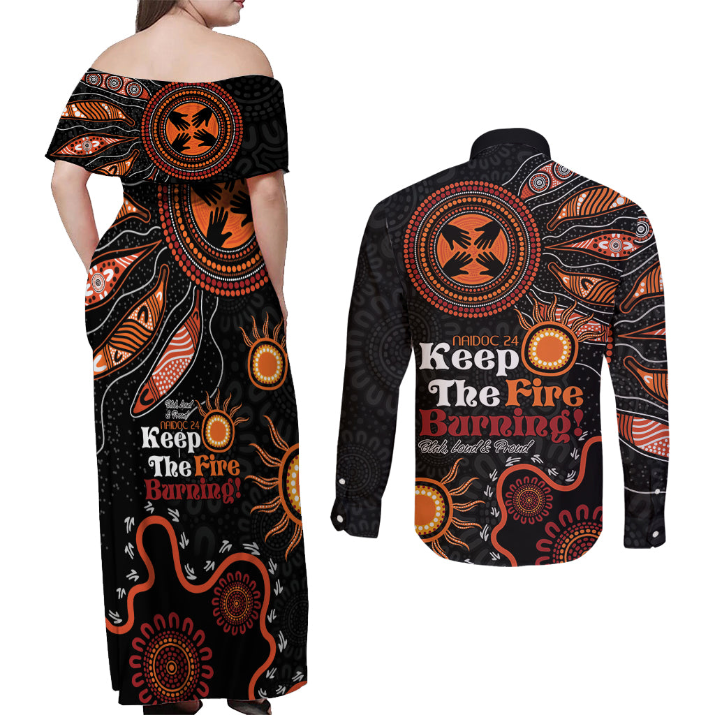 Australia NAIDOC 2024 Couples Matching Off Shoulder Maxi Dress and Long Sleeve Button Shirt Keep the Fire Burning Aboriginal Art