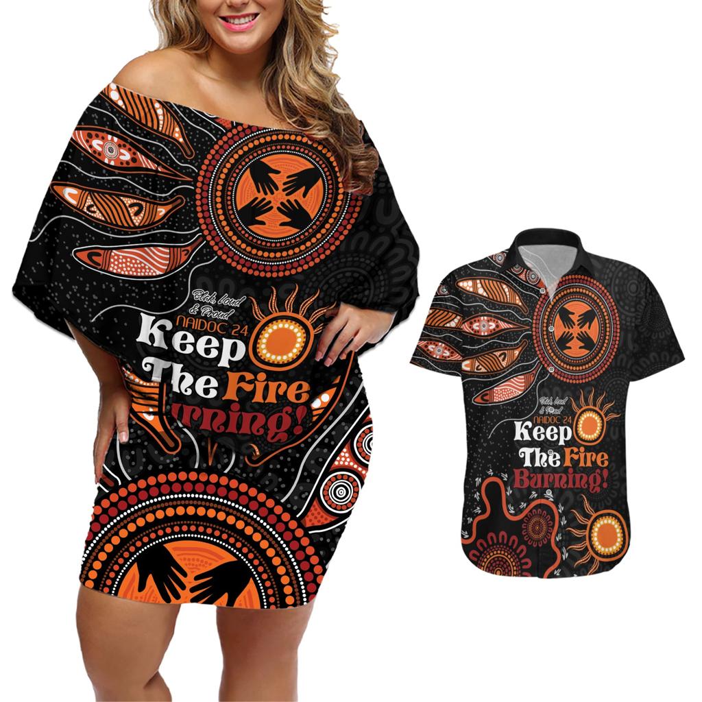Australia NAIDOC 2024 Couples Matching Off Shoulder Short Dress and Hawaiian Shirt Keep the Fire Burning Aboriginal Art