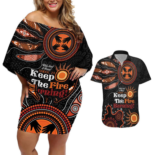 Australia NAIDOC 2024 Couples Matching Off Shoulder Short Dress and Hawaiian Shirt Keep the Fire Burning Aboriginal Art