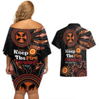Australia NAIDOC 2024 Couples Matching Off Shoulder Short Dress and Hawaiian Shirt Keep the Fire Burning Aboriginal Art