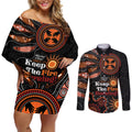 Australia NAIDOC 2024 Couples Matching Off Shoulder Short Dress and Long Sleeve Button Shirt Keep the Fire Burning Aboriginal Art