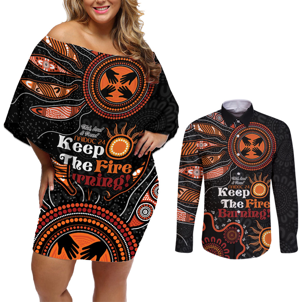 Australia NAIDOC 2024 Couples Matching Off Shoulder Short Dress and Long Sleeve Button Shirt Keep the Fire Burning Aboriginal Art