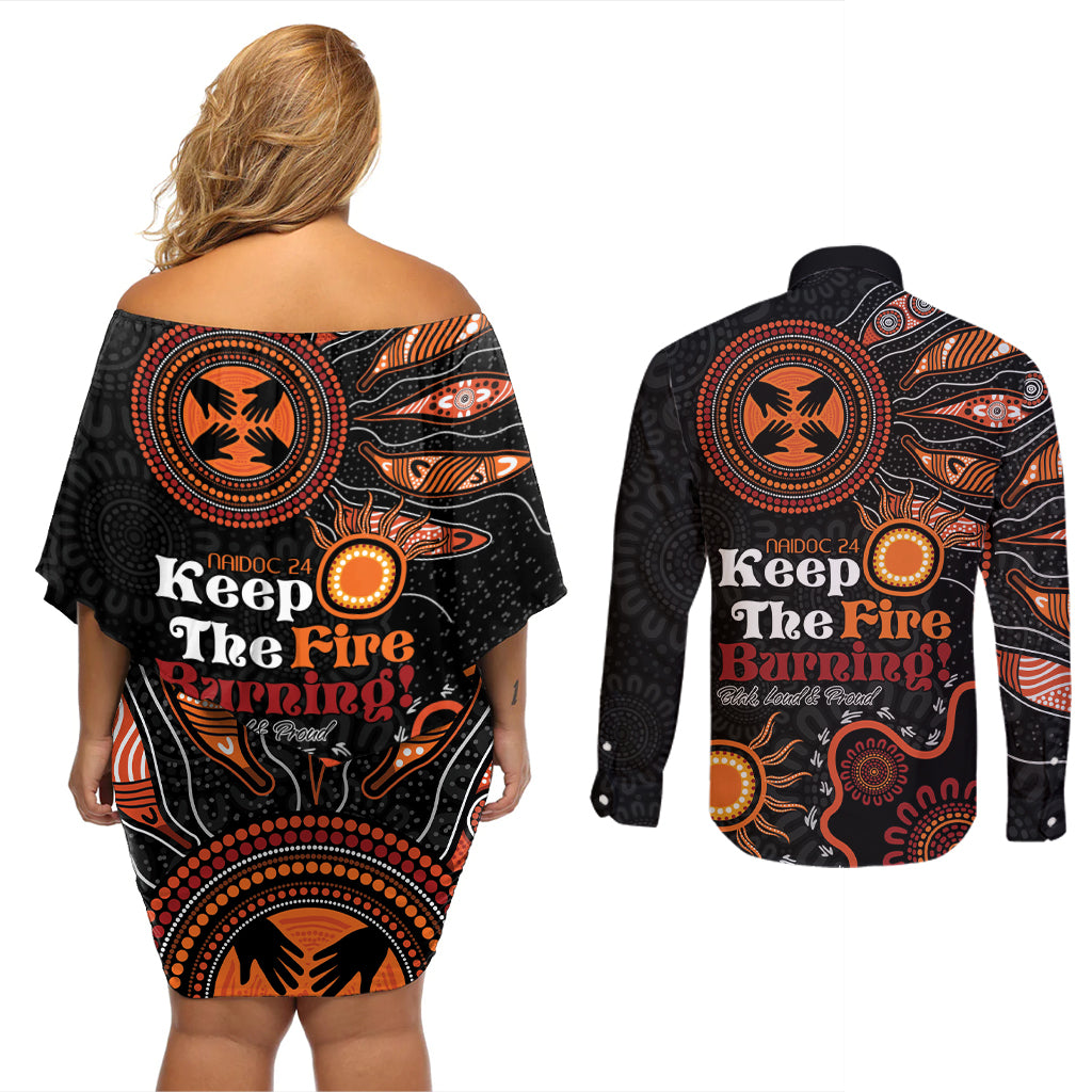 Australia NAIDOC 2024 Couples Matching Off Shoulder Short Dress and Long Sleeve Button Shirt Keep the Fire Burning Aboriginal Art