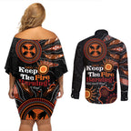 Australia NAIDOC 2024 Couples Matching Off Shoulder Short Dress and Long Sleeve Button Shirt Keep the Fire Burning Aboriginal Art