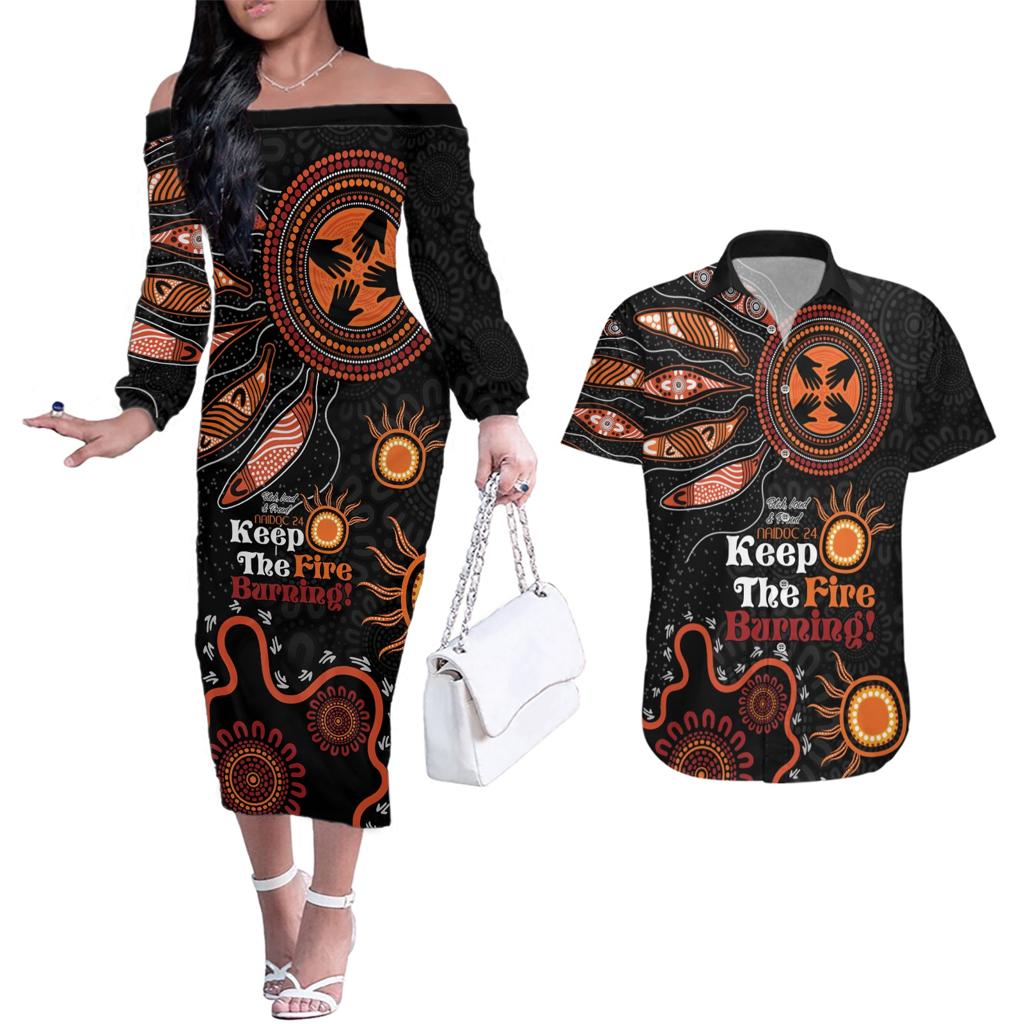 Australia NAIDOC 2024 Couples Matching Off The Shoulder Long Sleeve Dress and Hawaiian Shirt Keep the Fire Burning Aboriginal Art
