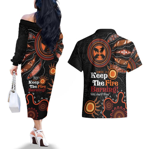Australia NAIDOC 2024 Couples Matching Off The Shoulder Long Sleeve Dress and Hawaiian Shirt Keep the Fire Burning Aboriginal Art