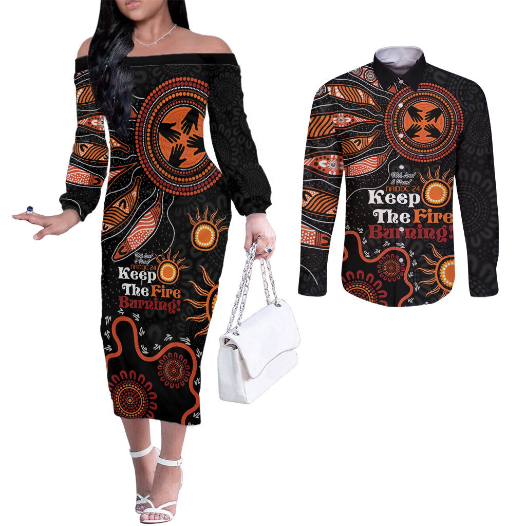 Australia NAIDOC 2024 Couples Matching Off The Shoulder Long Sleeve Dress and Long Sleeve Button Shirt Keep the Fire Burning Aboriginal Art