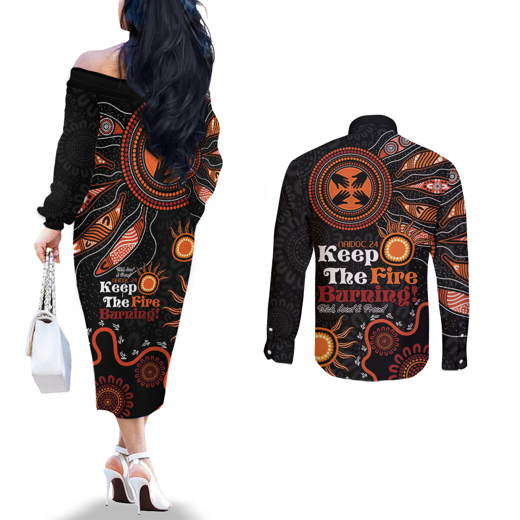 Australia NAIDOC 2024 Couples Matching Off The Shoulder Long Sleeve Dress and Long Sleeve Button Shirt Keep the Fire Burning Aboriginal Art