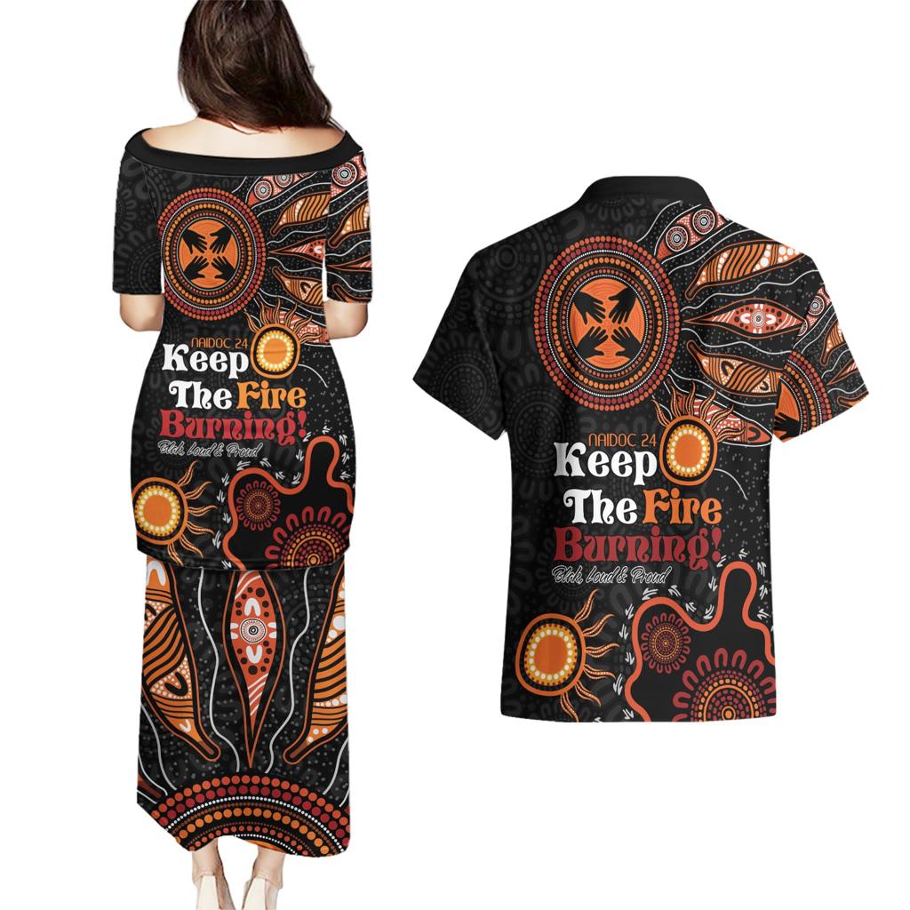 Australia NAIDOC 2024 Couples Matching Puletasi and Hawaiian Shirt Keep the Fire Burning Aboriginal Art