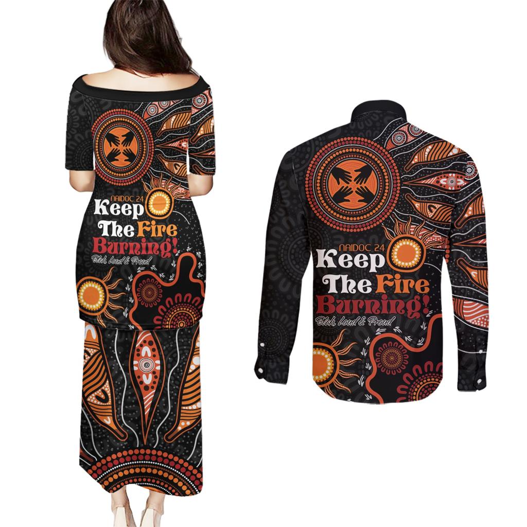 Australia NAIDOC 2024 Couples Matching Puletasi and Long Sleeve Button Shirt Keep the Fire Burning Aboriginal Art