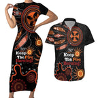 Australia NAIDOC 2024 Couples Matching Short Sleeve Bodycon Dress and Hawaiian Shirt Keep the Fire Burning Aboriginal Art