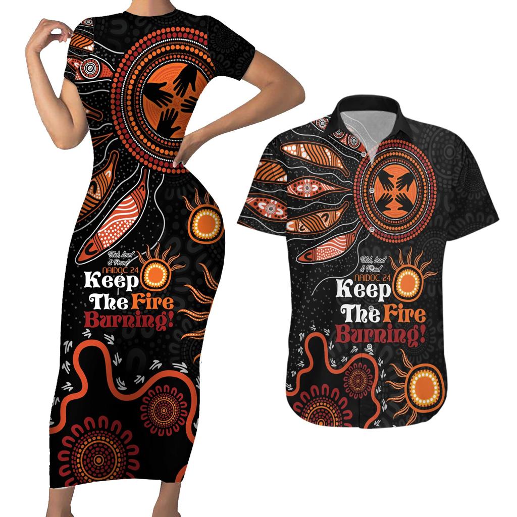 Australia NAIDOC 2024 Couples Matching Short Sleeve Bodycon Dress and Hawaiian Shirt Keep the Fire Burning Aboriginal Art
