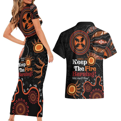 Australia NAIDOC 2024 Couples Matching Short Sleeve Bodycon Dress and Hawaiian Shirt Keep the Fire Burning Aboriginal Art