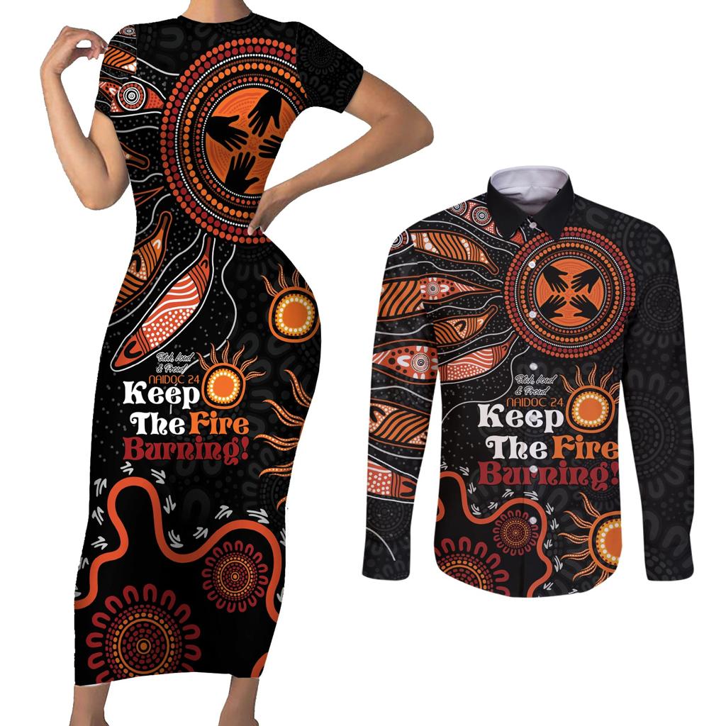 Australia NAIDOC 2024 Couples Matching Short Sleeve Bodycon Dress and Long Sleeve Button Shirt Keep the Fire Burning Aboriginal Art
