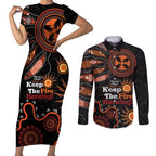 Australia NAIDOC 2024 Couples Matching Short Sleeve Bodycon Dress and Long Sleeve Button Shirt Keep the Fire Burning Aboriginal Art