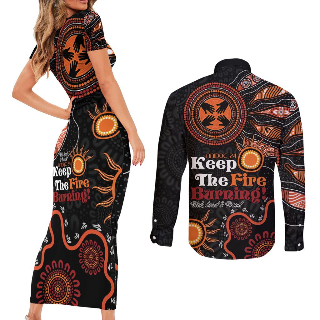Australia NAIDOC 2024 Couples Matching Short Sleeve Bodycon Dress and Long Sleeve Button Shirt Keep the Fire Burning Aboriginal Art