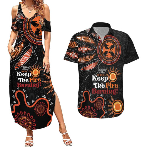 Australia NAIDOC 2024 Couples Matching Summer Maxi Dress and Hawaiian Shirt Keep the Fire Burning Aboriginal Art