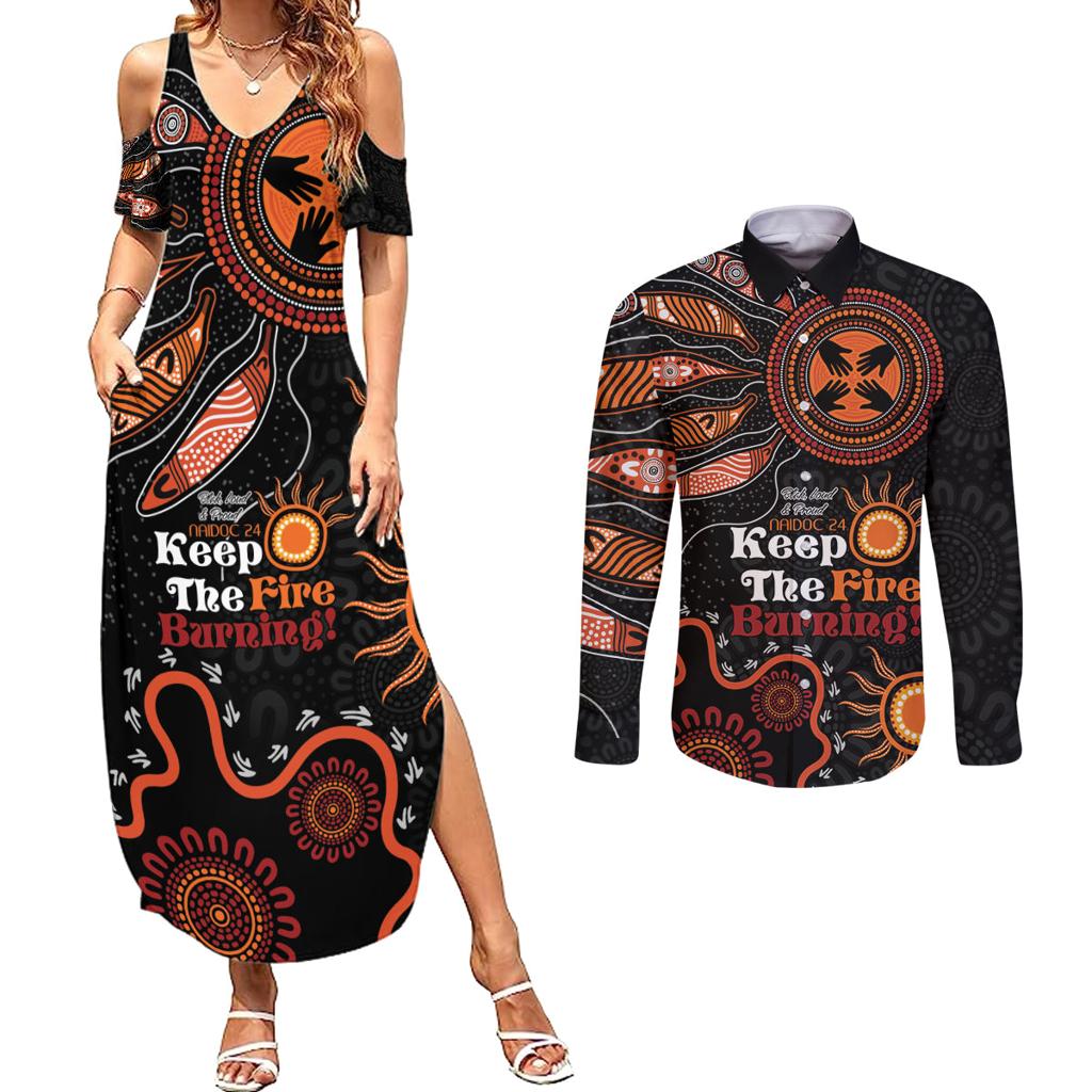 Australia NAIDOC 2024 Couples Matching Summer Maxi Dress and Long Sleeve Button Shirt Keep the Fire Burning Aboriginal Art