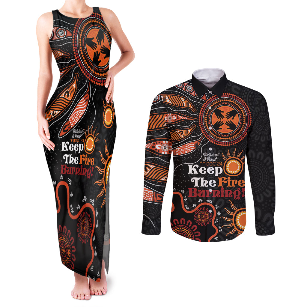 Australia NAIDOC 2024 Couples Matching Tank Maxi Dress and Long Sleeve Button Shirt Keep the Fire Burning Aboriginal Art