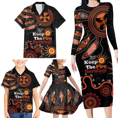 Australia NAIDOC 2024 Family Matching Long Sleeve Bodycon Dress and Hawaiian Shirt Keep the Fire Burning Aboriginal Art