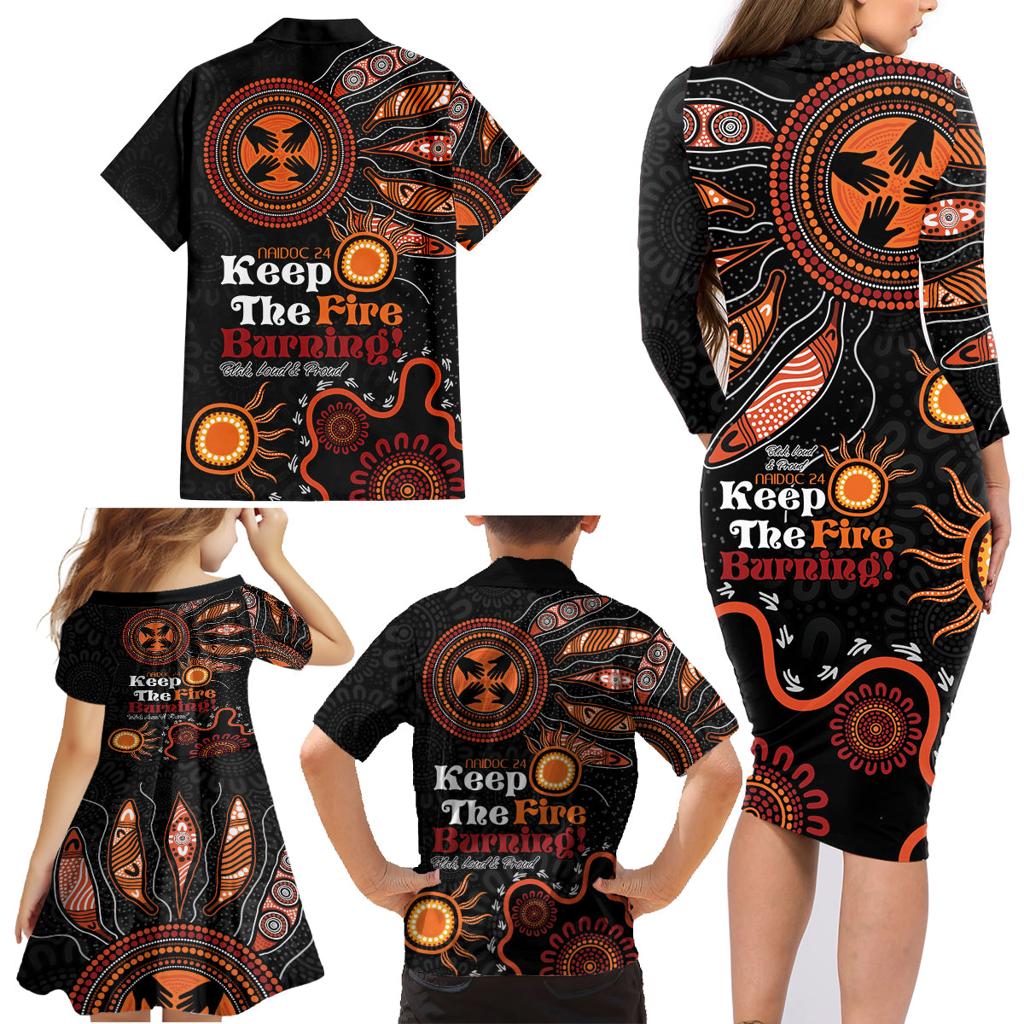 Australia NAIDOC 2024 Family Matching Long Sleeve Bodycon Dress and Hawaiian Shirt Keep the Fire Burning Aboriginal Art