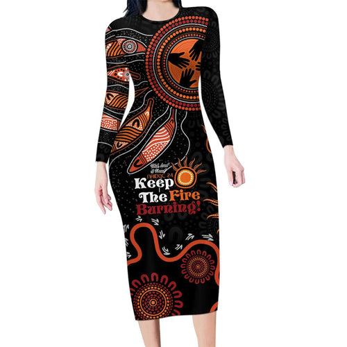 Australia NAIDOC 2024 Family Matching Long Sleeve Bodycon Dress and Hawaiian Shirt Keep the Fire Burning Aboriginal Art