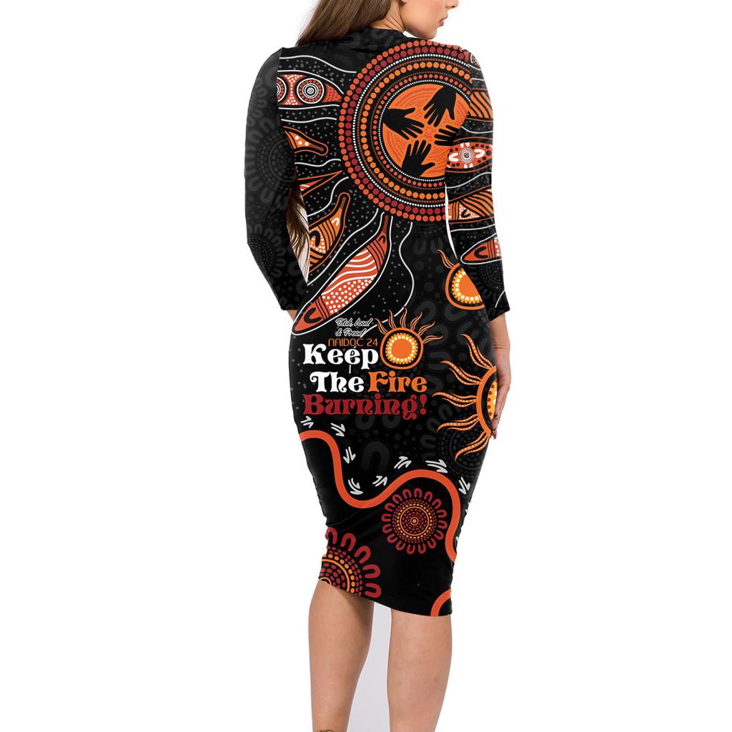 Australia NAIDOC 2024 Family Matching Long Sleeve Bodycon Dress and Hawaiian Shirt Keep the Fire Burning Aboriginal Art