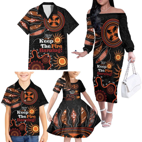 Australia NAIDOC 2024 Family Matching Off Shoulder Long Sleeve Dress and Hawaiian Shirt Keep the Fire Burning Aboriginal Art
