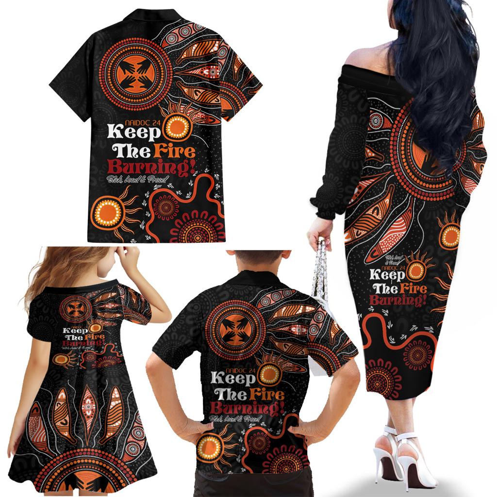 Australia NAIDOC 2024 Family Matching Off Shoulder Long Sleeve Dress and Hawaiian Shirt Keep the Fire Burning Aboriginal Art