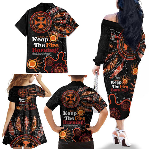 Australia NAIDOC 2024 Family Matching Off Shoulder Long Sleeve Dress and Hawaiian Shirt Keep the Fire Burning Aboriginal Art