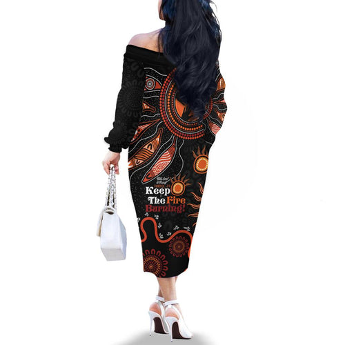 Australia NAIDOC 2024 Family Matching Off Shoulder Long Sleeve Dress and Hawaiian Shirt Keep the Fire Burning Aboriginal Art
